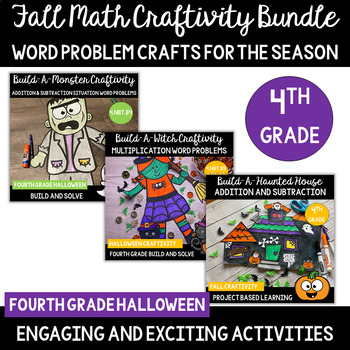 Halloween Math Craftivity Word Problem Bundle for Add, Subtract, Multiply