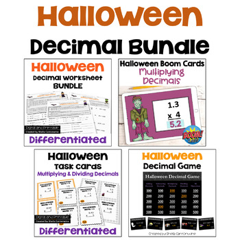 Preview of Halloween Math Decimal BUNDLE with Worksheets, Task Cards, BOOM Cards, and Game