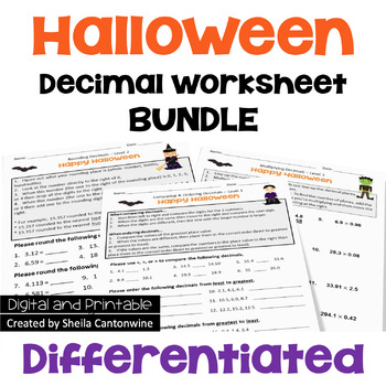 Preview of Halloween Math Decimal Worksheet Bundle - Differentiated