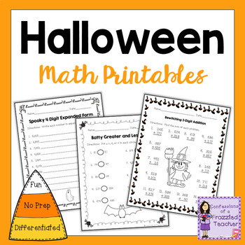 Preview of Halloween Math | Differentiated No Prep Math Worksheets 2nd-4th Grades