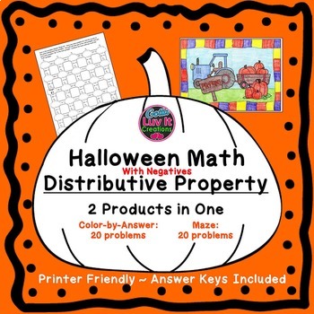 Preview of Halloween Fall Math Distributive Property with Negatives Maze & Color by Number