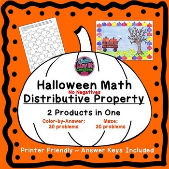 Preview of Halloween Fall Math Distributive Property Maze & Color By Number Holiday Bundle