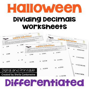 Preview of Halloween Math Dividing Decimals Worksheets - Differentiated