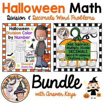 Preview of Halloween Math Division Color by Number & Pumpkin Decimals Word Problems BUNDLE