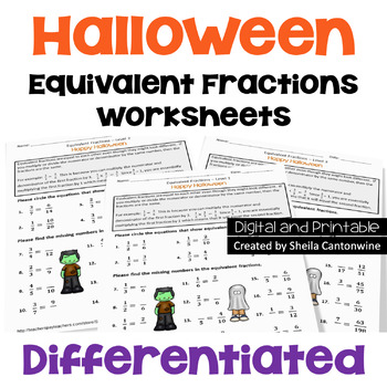 Preview of Halloween Math Equivalent Fractions Worksheets - Differentiated