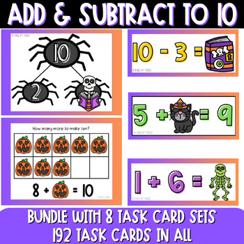Preview of Halloween Math Facts to 10 Task Cards - Add and Subtract to 10 Task Card Bundle