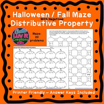 Preview of Halloween Math Fall Math Distributive Property with Negatives Math Maze