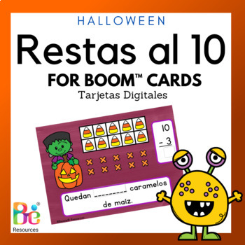 Preview of Halloween Math Fluency Subtraction to 10 in Spanish | Ten Frames for Boom™ Cards