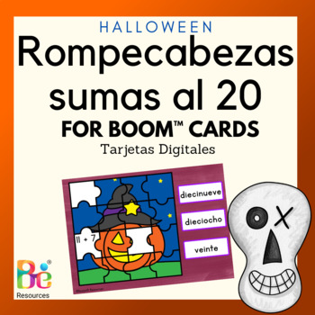 Preview of Halloween Math Game Addition to 20 in Spanish Mystery Picture for Boom™️ Cards