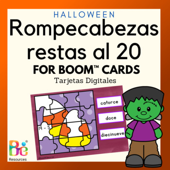 Preview of Halloween Math Game Subtraction to 20 Spanish Mystery Picture for Boom™️ Cards