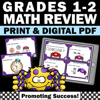 Preview of 1st 2nd Grade Halloween Math Review Game Task Cards Spiders Theme Fall Centers