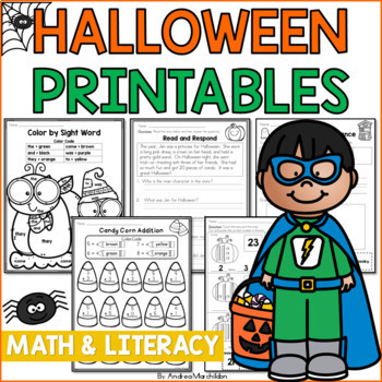 First Grade Halloween - Math & Literacy Worksheets by Andrea Marchildon