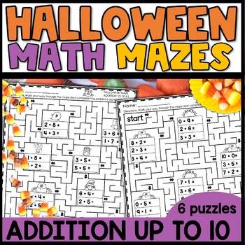 Preview of Halloween Math Mazes Addition to 12 Worksheets 1st Grade Review or Kindergarten