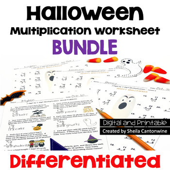 Preview of Halloween Math Multiplication Worksheet Bundle with Word Problems