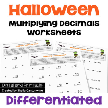 Preview of Halloween Math Multiplying Decimals Worksheets - Differentiated