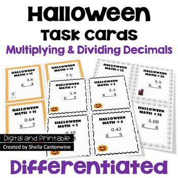 Preview of Halloween Math Multiplying & Dividing Decimals Task Cards - Differentiated
