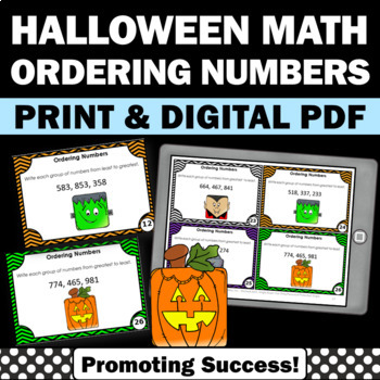 Preview of 2nd Grade Halloween Math Activities Place Value Game Ordering Numbers Task Cards