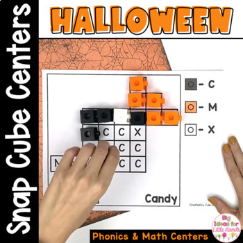 Preview of Halloween Math Phonics Center | Kindergarten Snap Cubes | Alphabet Worksheet