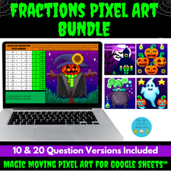 Preview of Fractions and Mixed Numbers Halloween Math Pixel Art BUNDLE