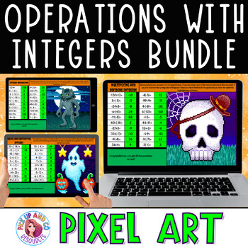 Preview of Operations with Integers Halloween Math Pixel Art Bundle