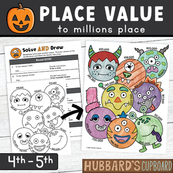 Preview of Halloween Math Place Value to Millions - Worksheets & Craft - 4th - 5th Grade