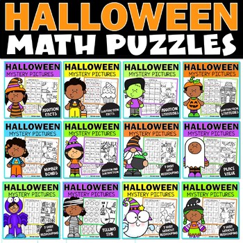 Preview of Halloween Math Puzzles - 1st and 2nd Grade Mystery Pictures Telling Time, Adding