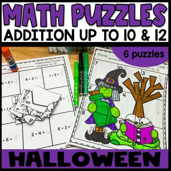 Preview of Halloween Math Puzzles Addition to 10 and 12 Worksheets Kindergarten 1st Grade