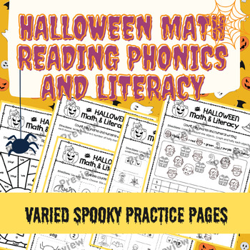 Preview of 50+ Halloween Math Reading Phonics and Literacy Kindergarten Worksheets