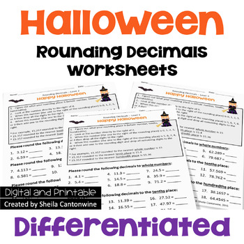 Preview of Halloween Math Rounding Decimals Worksheets - Differentiated