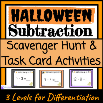 Preview of Halloween Math Task Cards Write the Room Subtraction Scavenger Hunt Activities