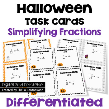 Preview of Halloween Math Simplifying Fractions Task Cards - Differentiated