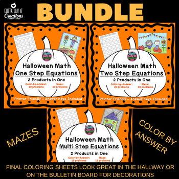 Preview of Halloween Fall Math Solving Equations Mazes & Coloring By Numbers Holiday Bundle