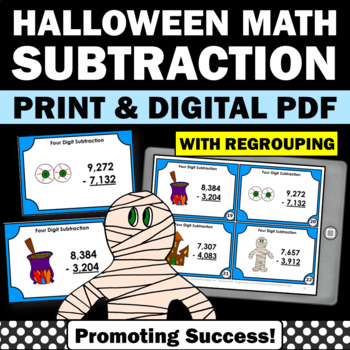 Preview of Halloween Math Games Subtraction with Regrouping Task Cards Centers Stations