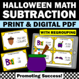 Halloween Math Activities Multi digit Subtraction with Regrouping Task Cards 4th