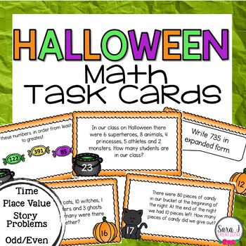 Preview of Halloween Math Task Cards - Time, Place Value, Story Problems