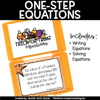 Preview of Halloween Math Task Cards Writing One-Step Equations from Word Problems