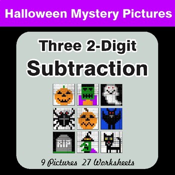 Halloween Math: Three 2-Digit SUBTRACTION - Color-By-Number Math Mystery Pictures