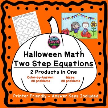 Preview of Halloween Fall Math Two Step Equations Maze & Color by Number Holiday Bundle