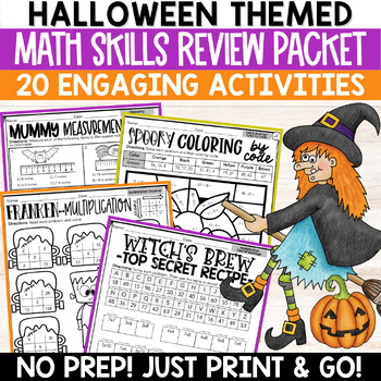 Preview of Halloween Math Worksheets & Activities / Halloween Math Review Packet NO PREP