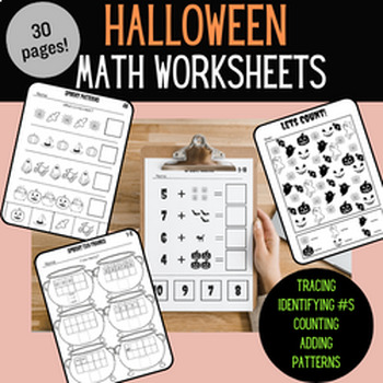 Preview of Halloween Math Worksheets- Counting, Tracing, Identifying, Patterns, Adding