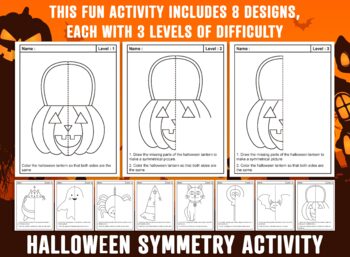 Preview of Halloween Math Worksheets Lines of Symmetry Activity, Pumpkin, Cauldron, Ghost