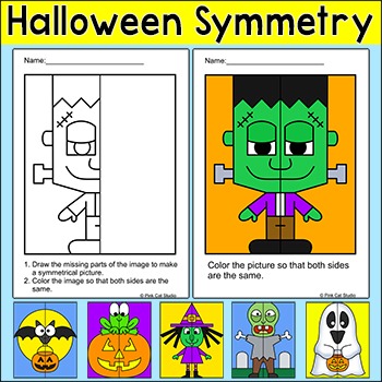 Preview of Halloween Math Worksheets Lines of Symmetry Activity - Zombie, Frankenstein etc