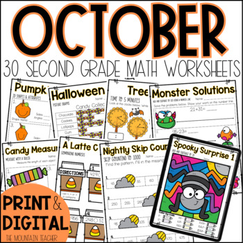 Preview of Halloween Math Worksheets - 30 No Prep 2nd Grade October Math Activities