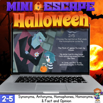 Preview of Halloween Mini-Digital Escape ELA Skills Antonym Synonym Homophone Homonym 