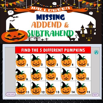 Preview of Halloween Missing Addend and Subtrahend 2nd grade Equation PowerPoint Game