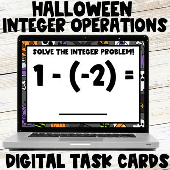 Preview of Halloween Mixed Integer Operations Practice Digital Task Cards Google Slides