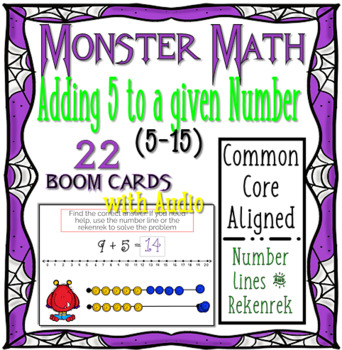 Preview of Monster Math Addition 5's (5 - 15) WITH AUDIO { Boom Cards } Distance Learning