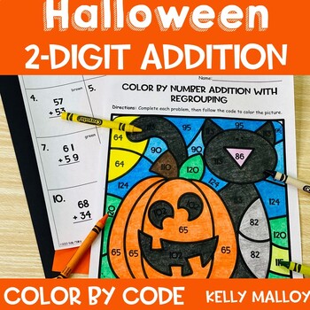 Preview of Halloween Morning Work 2 Digit Addition with Regrouping Color by Number 