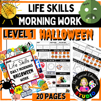 Preview of Halloween Morning Work, Daily Warm Ups Special Education Life Skills Workbook L1