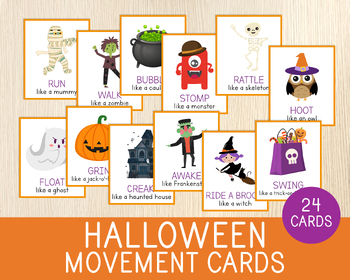 Preview of Halloween Movement Cards, Brain Breaks, Gross Motor Skills Game, 24 Cards